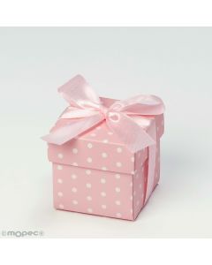 Pink box with white polka dots and ribbon, min.25