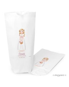 White paper bag, girl Communion basket flowers 12x21X5cm.