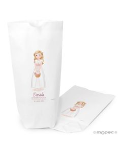 Sac en papier blanc, fille Communion fleurs panier 12x21X5cm.