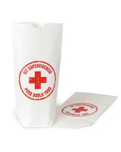 Sacchetto di carta bianco Kit di Supervivencia 12x21x5cm. Disponibile in vari lingue