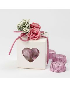 Heart window box with 3 chocolates and mauve flower