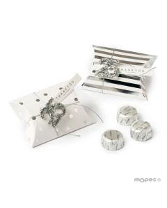 Astuccio 9cm strisce / pois argento 3 cioccolatini 25 ° anniversario di matrimonio.