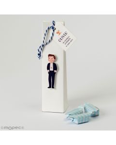 Communion boy box hands in pockets with 3 candies
