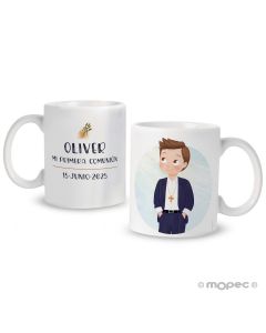 Taza cerámica Primera Comunión niño manos bolsillo disponible en varios idiomas