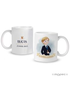Porcelain mug decorated with a First Communion boy dressed in shorts. 