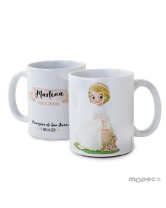 Taza cerámica niña Comunión sentada en banco en caja regalo