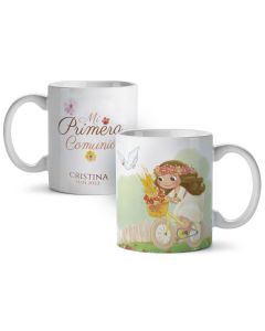 Taza niña Comunión, niña en bici en caja regalo