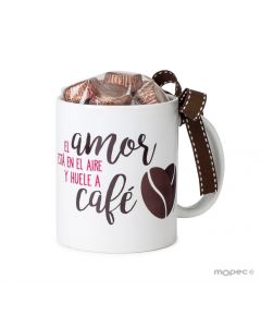 Taza cerámica El Amor...Huele a Café con 6 bombones en caja regalo