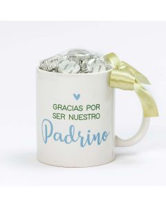 Tasse en céramique "Gracias Padrino" avec 6 chocolats dans un coffret cadeau