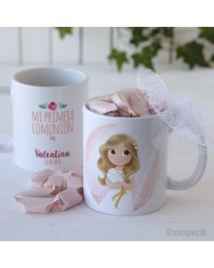 Taza cerámica niña Comunión en caja regalo con 7 caramelos