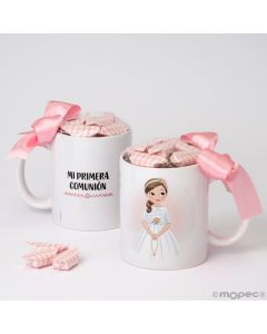 Taza cerámica Primera Comunión niña rosario con 7 caramelos