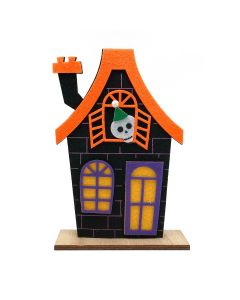 Casa di feltro di Halloween con base in legno 12x18cm.