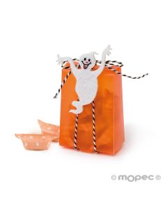 Orange box decorated with a ghost and 8 candies