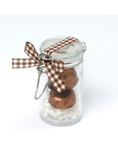 Glass jar  brown ribbon and 3 chocolates Ø4.5x8.3cm