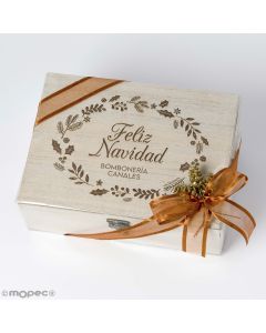 Pack regalo caja madera ramitas Feliz Navidad personalizable
