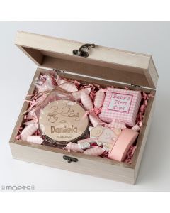 Pack regalo cofre madera personalizado cigüeña en rosa o azul para nacimiento