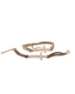 Pulsera cruz dorada stda. beige y marrón, min.4