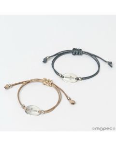Metal cross bracelet with leather style cord grey/beige