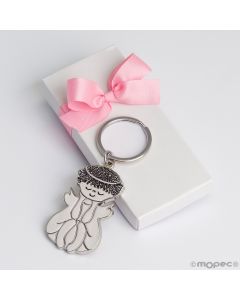 Porte-clés métallique Ange assis boîte rose blanche décorée