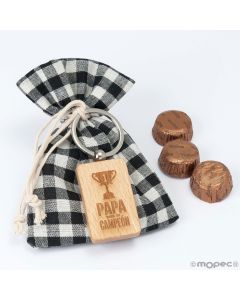 Borsa a quadretti nera portachiavi in ​​legno Papá Campeón... con 3 cioccolatini