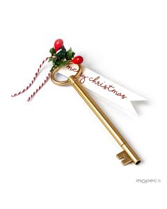 Marqueur clé doré avec carte Merry Christmas et houx 15cm.