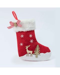 Chaussette rouge 19cm. cerf et arbre