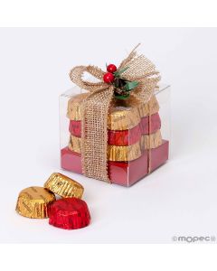 Scatola con 12 cioccolatini con nastro di iuta e agrifoglio