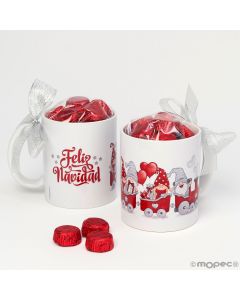 Ceramic mug red gnomes train with chocolates and gift box