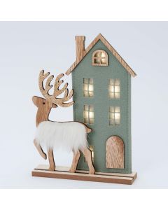 Maison en feutre vert et renne en bois avec Led 25cm