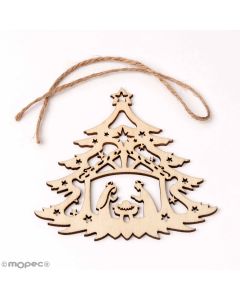 Colgante madera árbol pesebre con cordel 10x10cm., min.10