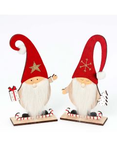 Figurine bois Gnomes cadeau et arbre en velours rouge asst.
