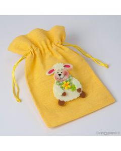 Yellow cotton bag with felt sheep 15x23cm min12