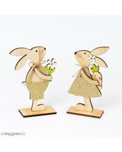 Conigli in legno 16 cm. con vestito glitter oro 