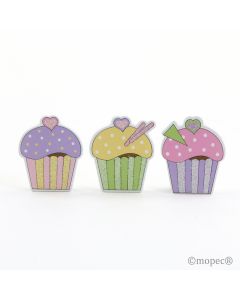 Pegatina madera cupcake 3col.stdos. 3,5cm. min.6