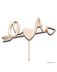 Cake topper iniziali dei nomi in legno e freccia/cuore 12cm