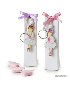 Wooden ballerina keyrings, 2 assort. with 3 candies