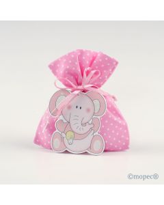Colgante madera elefante rosa en saco topos rosa 5pel.