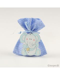 Colgante madera elefante azul en saco topos azul 5pel.