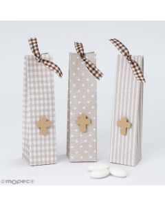 Scatola da quadrati marroni rigati con croce 3 confetti