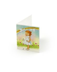 Tarjeta librito arco iris niña vestido blanco, preciox100uds