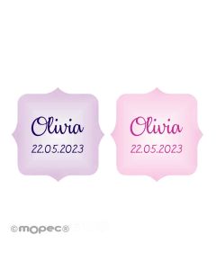 Etich.adesiva personalizz.cornice rosa e viola,1foglio=48big