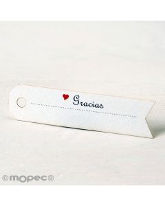 Tajeta flecha Gracias con corazón para boda 6,5x1,5cm. disponible en varios idiomas