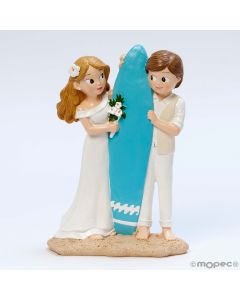 Figure pastel mariés surfeurs 13,5 x 19cm.