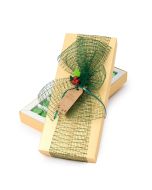 Golden box of 21 chocolates, green bow and holly clip