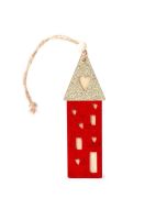 Pendentif bois 13cm. maison feutre rouge et toit doré, min.6