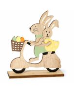 Figurine en bois lapins de Pâques sur moto 15x18x4cm.