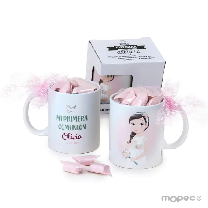 Taza Comunión niña romántica 7caramelos en caja regalo